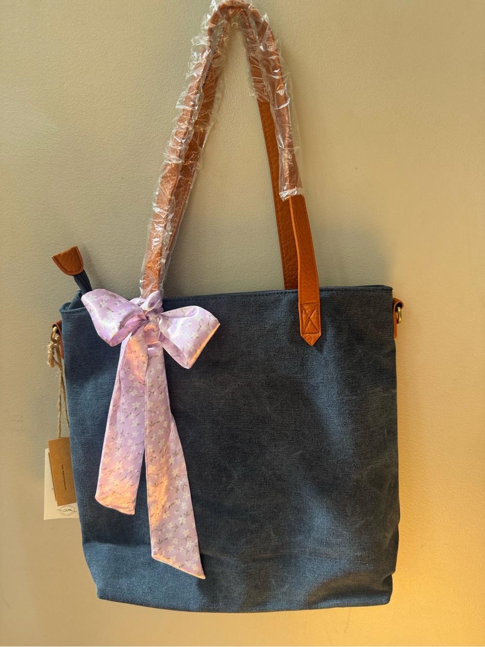 Denim Canvas Tote Bag with Tan Leather Handles and Lavender Bow